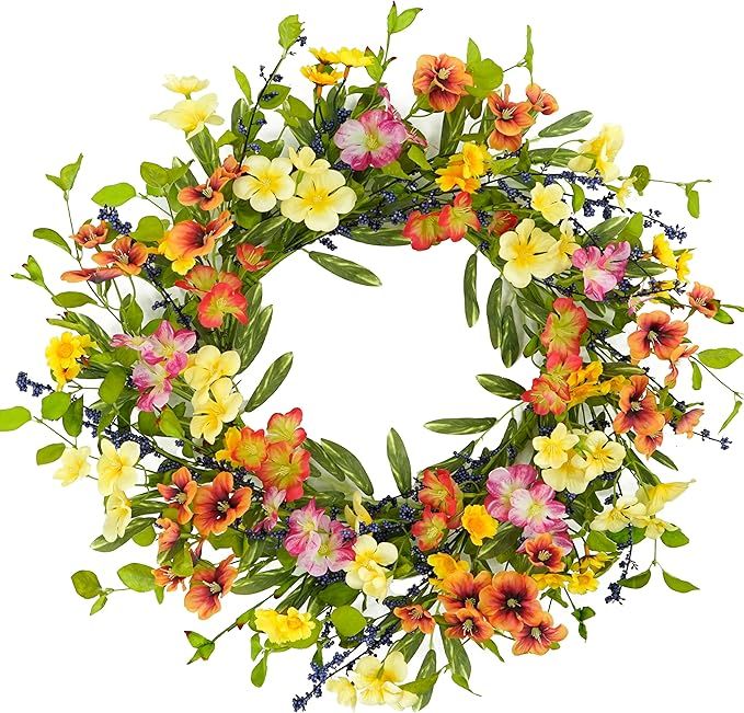 20 inch Spring Summer Wreaths for Front Door Floral Wreath with Colorful Wildflowers,Eucalyptus L... | Amazon (US)