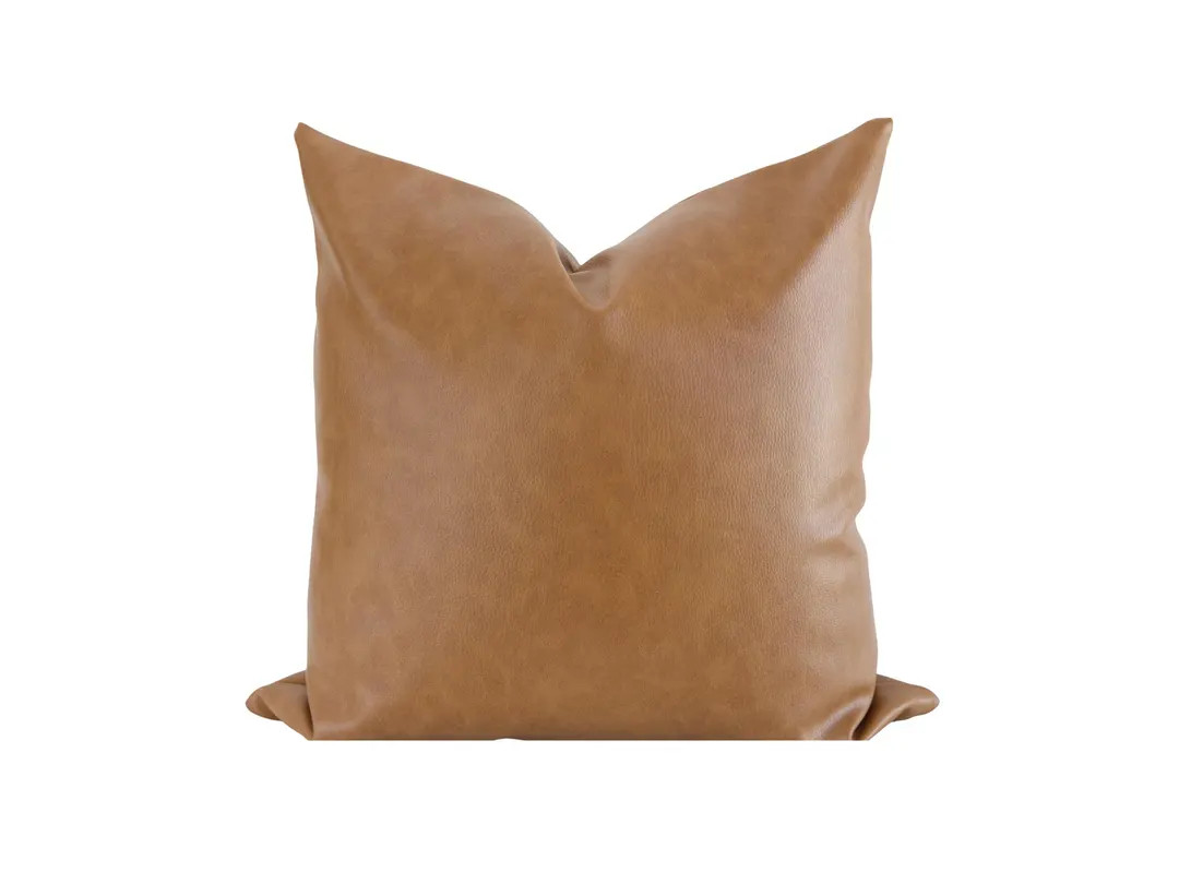 Cognac Faux Leather Throw Pillow Cover, Brown Vegan Leather Cushion, Modern Neutral Decor, Laurel... | Etsy (US)