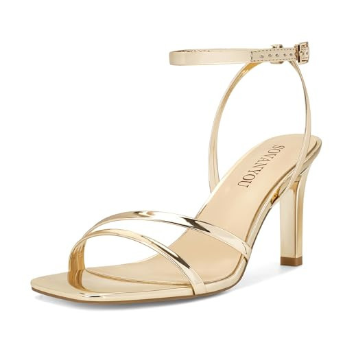 SOVANYOU Gold Heels for Women Dressy Gold Strappy Heels Stiletto Heeled Sandals Square Open Toe High Heel Sexy Metallic Heel Dress Shoes for Wedding | Amazon (US)