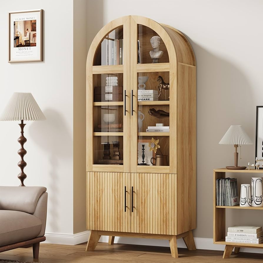 QUW 71" Modern Fluted Display Cabinet, Fluted Arched Pantry Cabinet, Tall Kitchen Storage Pantry ... | Amazon (US)