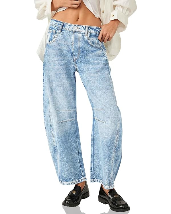 PLNOTME Women's Baggy Boyfriend Jeans Vintage Wide Leg Mid Rise Barrel Denim Ankle Pants | Amazon (US)