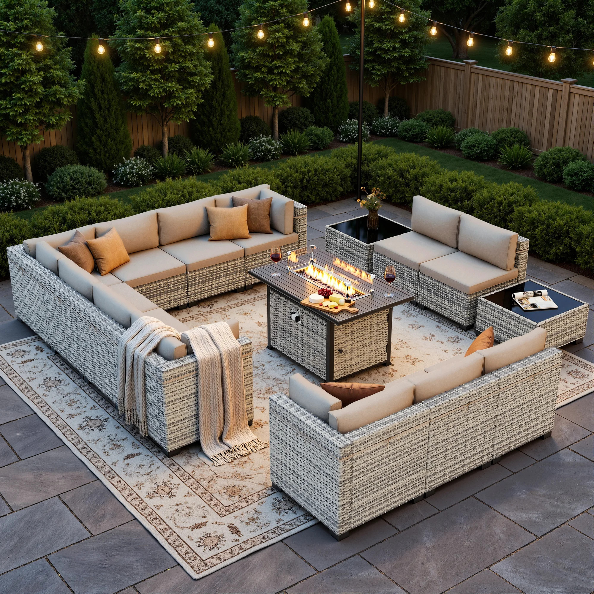 15-Piece Modular Outdoor Patio Furniture Set With 55,000 BTU Fire Pit Table And Wicker Sectional Seating | Wayfair North America