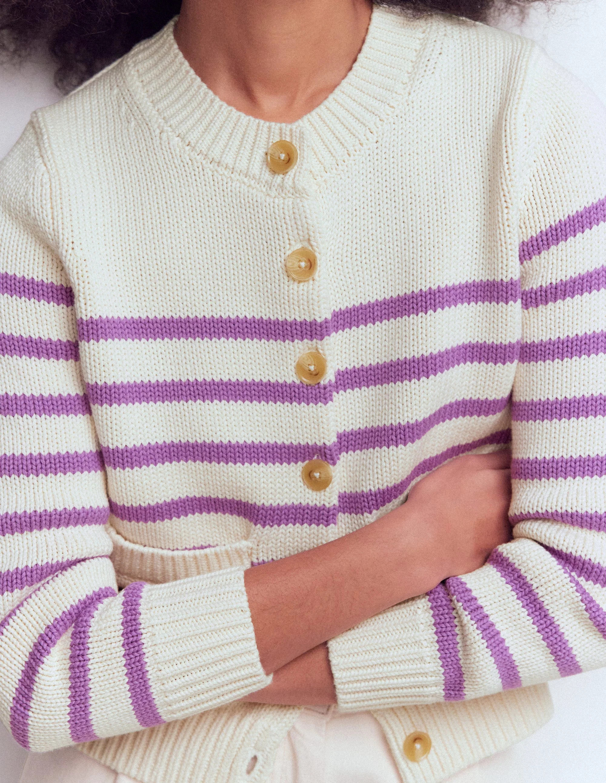 Lucy Chunky Cotton Cardigan-Warm Ivory/ Mulberry Purple | Boden (US)