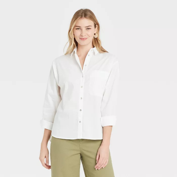Women's Long Sleeve Button-Down Boyfriend Shirt - A New Day™ White M | Target