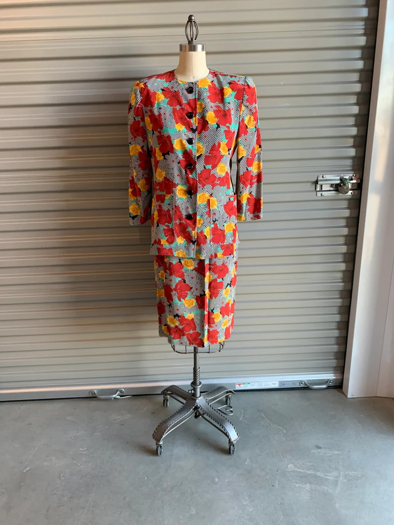 Vintage 1980s Oscar de la Renta Silk Suit: Floral Stripe, Size Small | Etsy (Global)