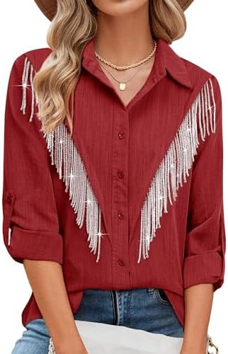 MYMORE Womens Sparkly Fringe Button Down Shirt Rolled 3/4 Sleeve Top Country Concert Nashville We... | Amazon (US)