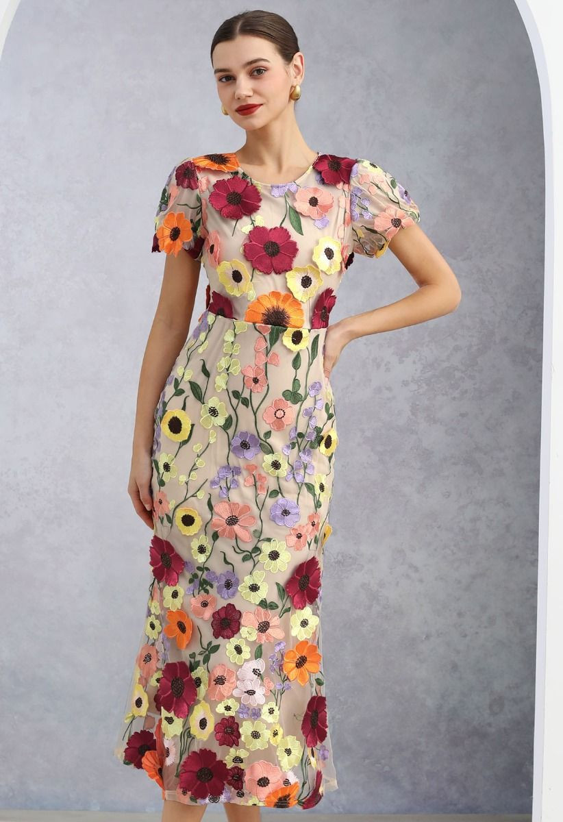 3D Floral Applique Mesh Tulle Mermaid Maxi Dress in Apricot | Chicwish
