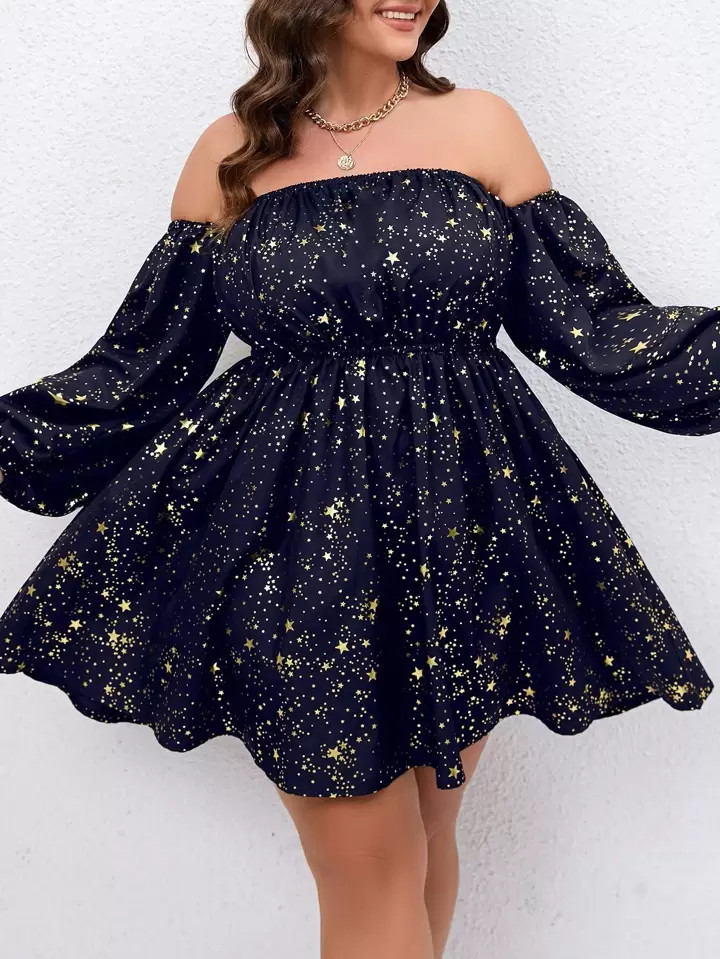 Plus Gold Star Print Off Shoulder Lantern Sleeve Dress4.72(1000+) | SHEIN