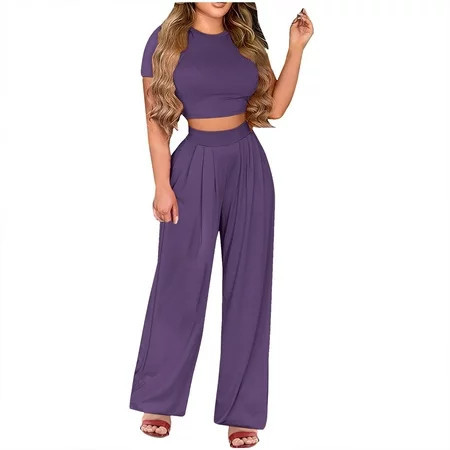 Dyegold Women s Summer 2 Piece Outfits Short Sleeve Slim Crop Top Tank and High Waisted Pants Jumpsuit Lounge Set Matching | Walmart (US)