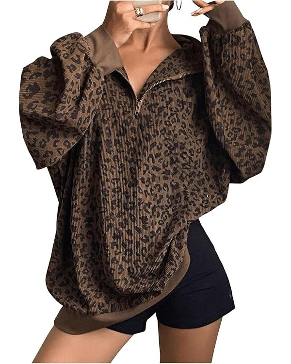 SweatyRocks Women's Leopard Print Oversized Sweatshirt Quarter Zip Collar Long Sleeve Pullover To... | Amazon (US)