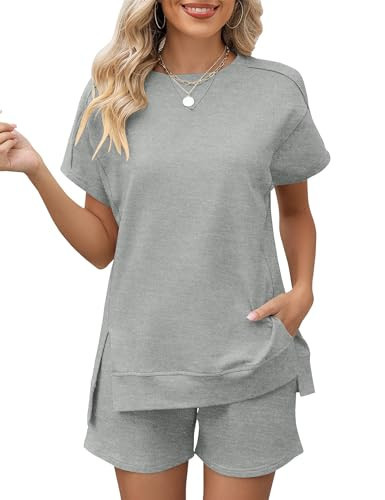 LOMON Womens Lounge Sets Fashion 2 Piece Sweatsuit Outfits 2026 Summer Short Sleeve Loungewear Tracksuits(Light Grey,M) | Amazon (US)