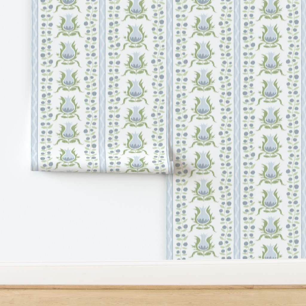 IKAT POMEGRANATES Quiet Blue And CEDCE6 With Greens Wallpaper | Spoonflower | Spoonflower