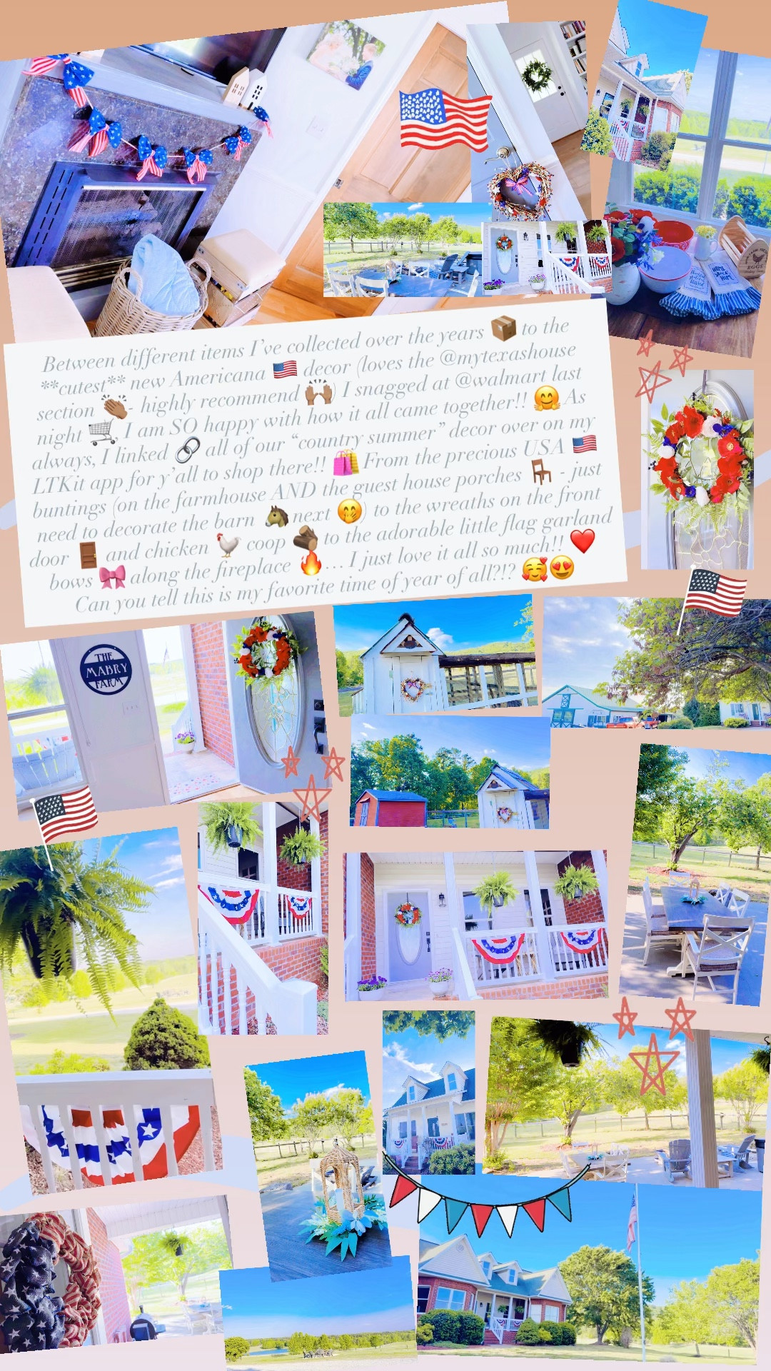 Between different items I’ve collected over the years 📦 to the **cutest** new Americana 🇺🇸 decor (loves the @mytexashouse section 👏🏽- highly recommend 🙌🏽) I snagged at @walmart last night 🛒, I am SO happy with how it all came together!! 🤗 As always, I linked 🔗 all of our “country summer” decor over on my LTKit app for y’all to shop there!! 🛍️ From the precious USA 🇺🇸 buntings (on the farmhouse AND the guest house porches 🪑 - just need to decorate the barn 🐴 next 🤭) to the wreaths on the front door 🚪 and chicken 🐓 coop 🪵 to the adorable little flag garland bows 🎀 along the fireplace 🔥… I just love it all so much!! ❤️ Can you tell this is my favorite time of year of all?!? 🥰😍

#LTKHome #LTKSeasonal