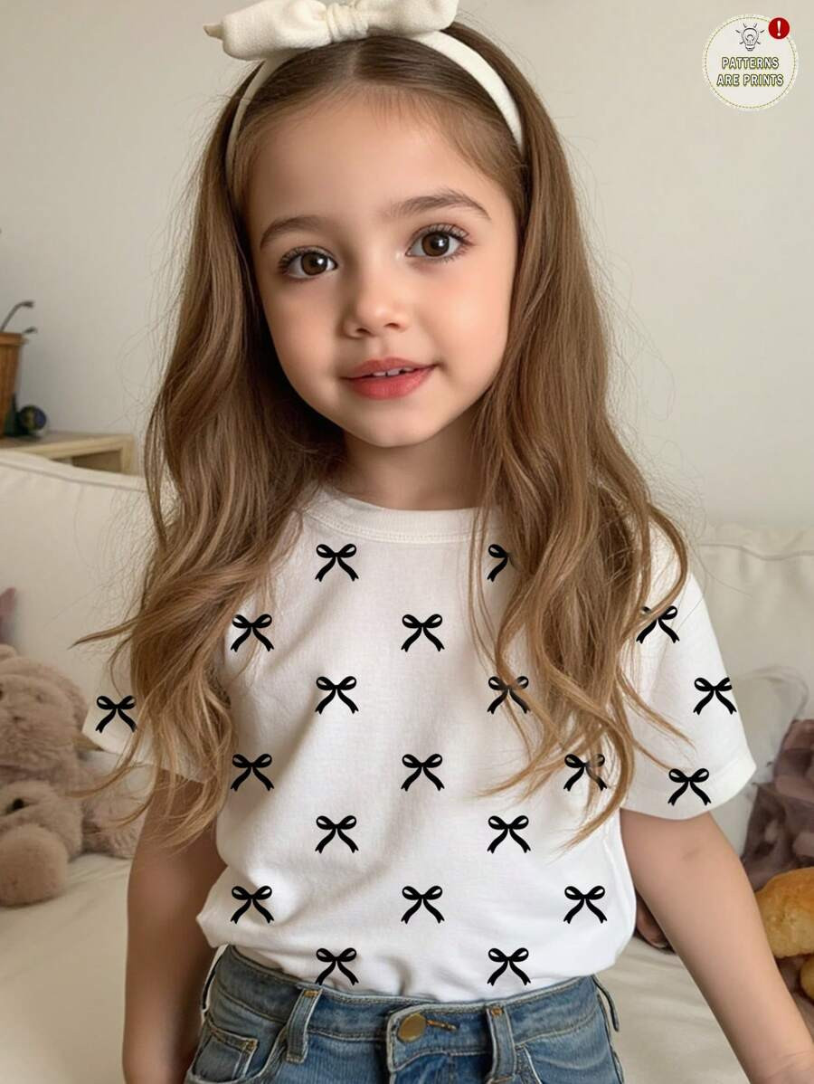 SHEIN Young Girl Cute Sweet Bowknot Print Casual Minimalist Round Neck Short Sleeve T-Shirt, Suit... | SHEIN
