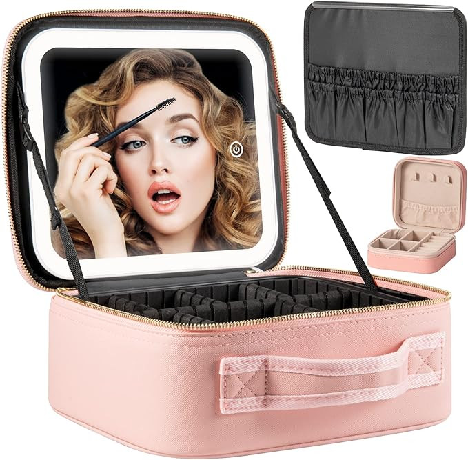 Makeup Travel Train Case with Mirror LED Light 3 Adjustable Brightness Cosmetic Bag Portable Stor... | Amazon (US)