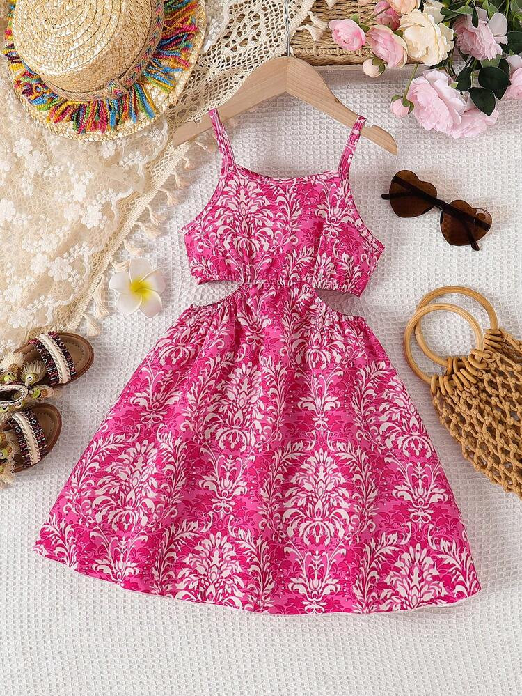 Young Girl Vacation Style Floral Print Sleeveless Hollow Out Dress | SHEIN