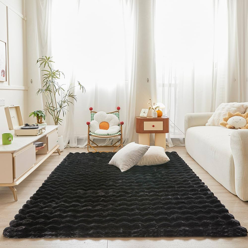 Black Rabbit Plush Area Rug for Bedroom Living Room Sofa,3'X5' Faux Fur Fluffy Shaggy Rectangular... | Amazon (US)