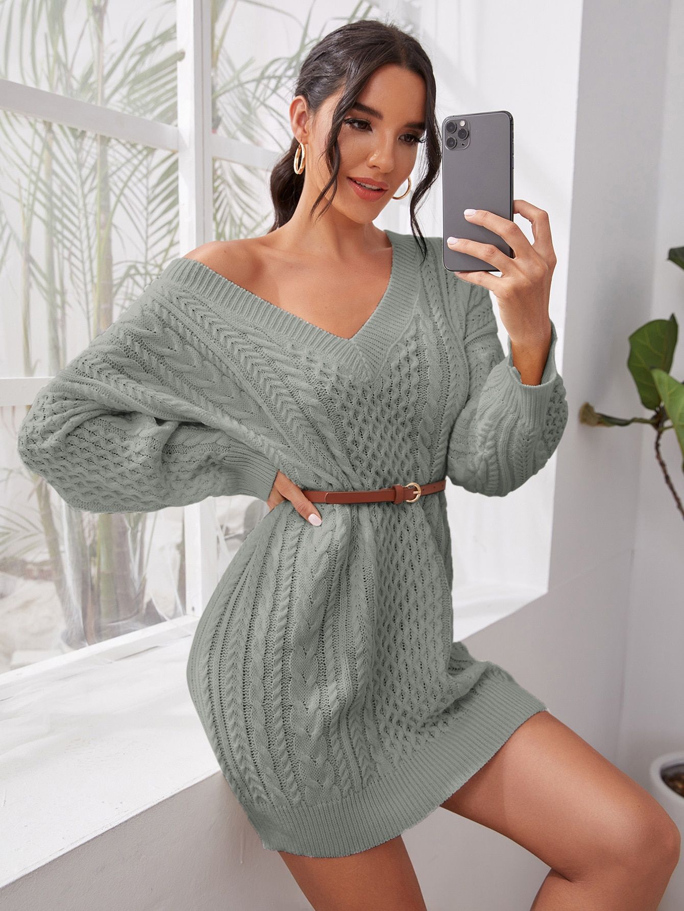 V-neck Cable Knit Sweater Dress Without Belt | SHEIN