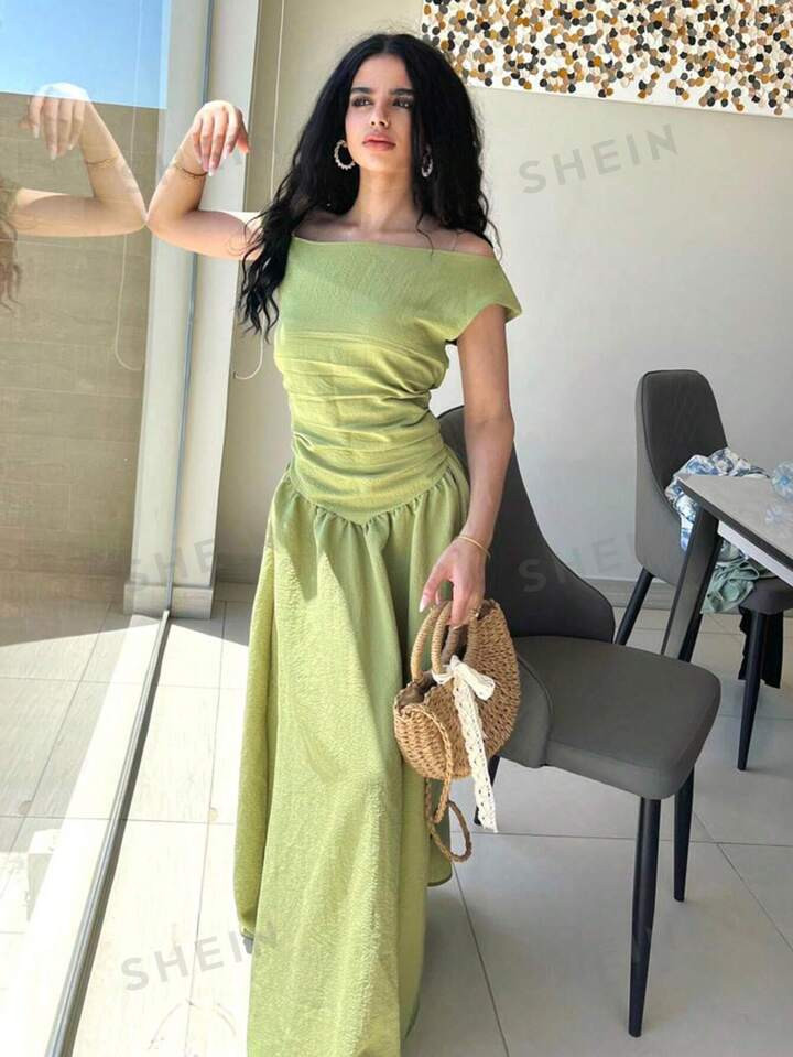 SHEIN Modely Ladies' Plain Color Simple Style Asymmetrical Neck Dress For Daily Wear | SHEIN