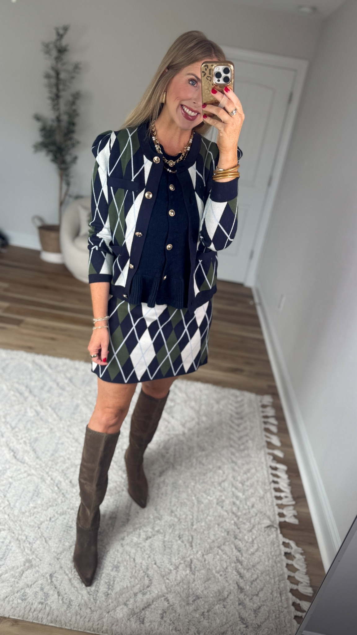 Weekend Walmart Wins try-on 
Argyle cardigan with gold buttons- small
Sleeveless ruffle hem sweater- small
Argyle sweater skirt- medium

#LTKootd