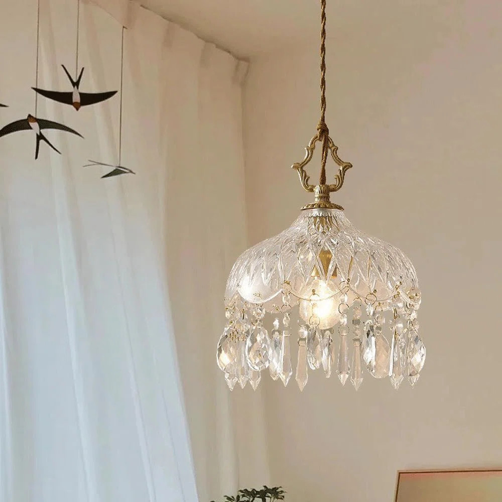 Vintage Brass Glass Pendant Light With Crystal | Wayfair North America