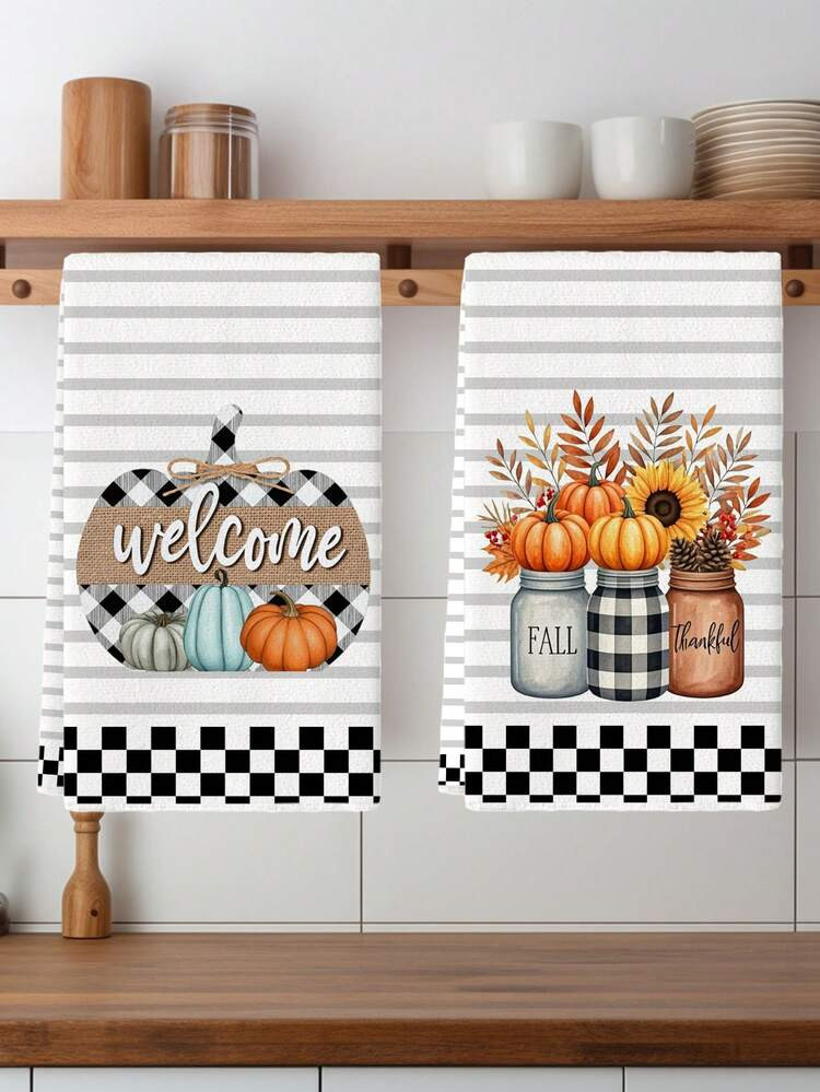 2Pcs Pumpkin Leaves Turkey Stripes Buffalo Plaid Mason Jar Thanksgiving Farmhouse Kitchen Towels ... | SHEIN