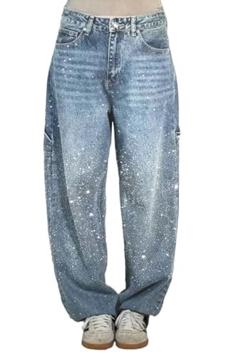 Women Baggy Rhinestone Jeans High Waist Straight Wide Leg Sparkly Bling Glitter Diamond Denim Pants Y2k Shiny Trousers Blue | Amazon (US)