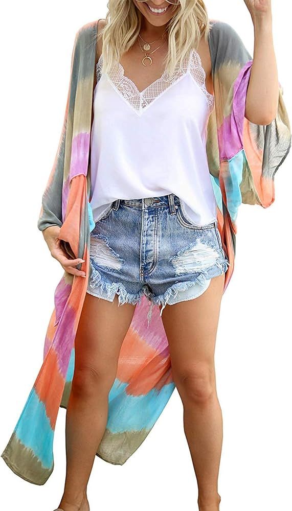 Women's Kimono Cardigan 3 4 Sleeve Cover ups Long Floral Cardigans Lightweight Draped Cover Up Ca... | Amazon (US)