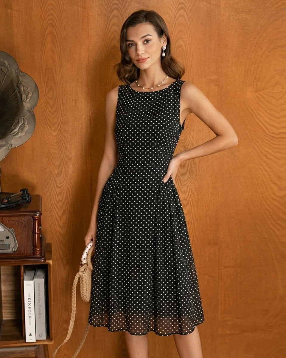 Black Polka Dot Chiffon Midi Dress | rihoas.com
