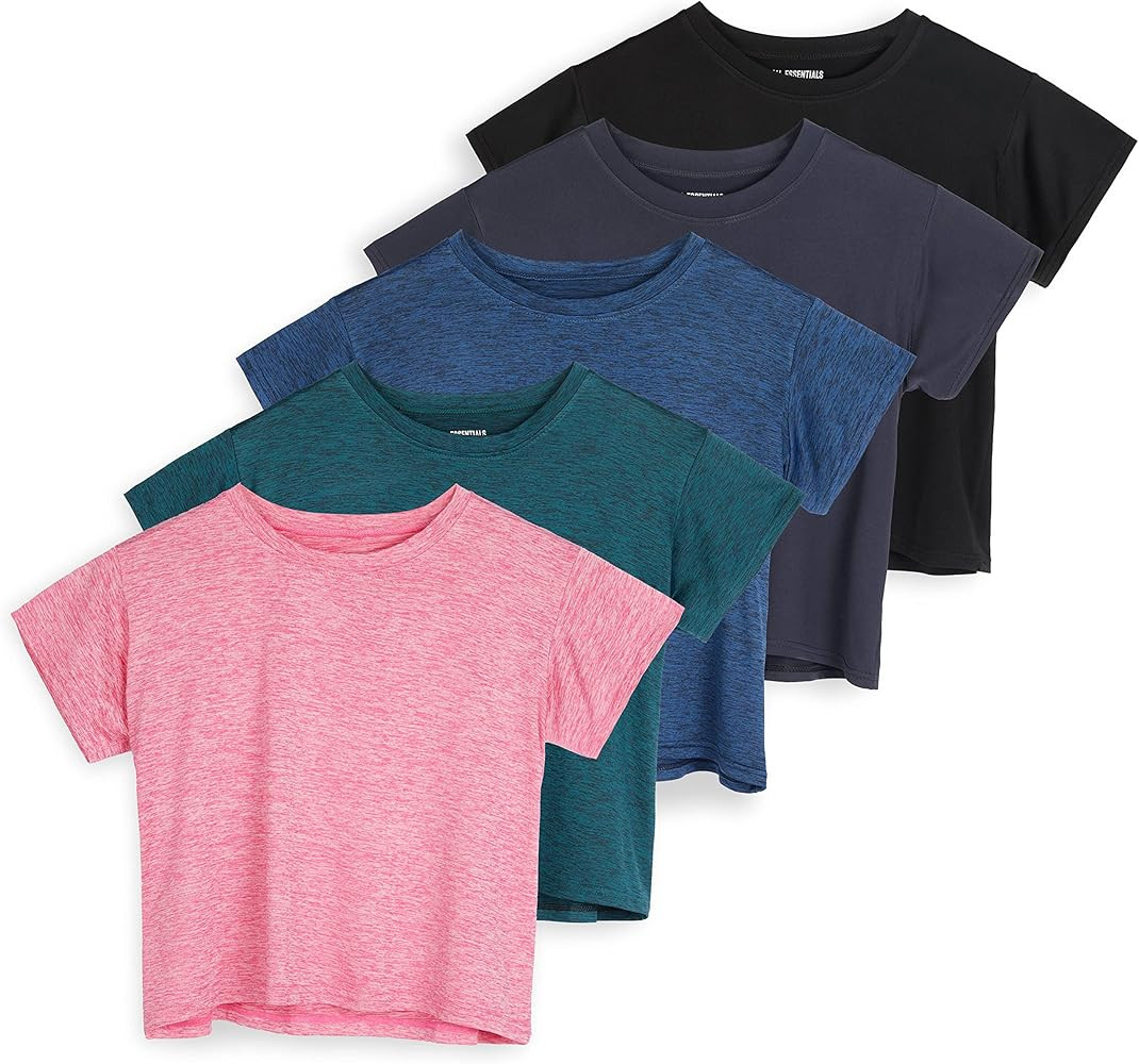 Real Essentials 5 Pack: Women's Dry Fit Crop Top - Short Sleeve Crew Neck Stretch Athletic Tee (A... | Amazon (US)