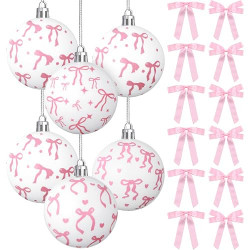 Syhood 24 Pcs Pink Bow Coquette Christmas Tree Ornaments Set Pink Plastic Christmas Ball and Satin Ribbon Bows Bowknot Hanging Ornaments for Xmas Tree Coquette Bachelorette Party Decoration | Amazon (US)