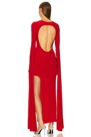 Open Back Ribbon Sleeve Wide Slit Gown in Tiger Red | Revolve Clothing (Global)
