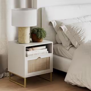 Nathan James Mina White/Gold Accent Table with Rattan Storage Door Living Room End Table Bedroom ... | The Home Depot