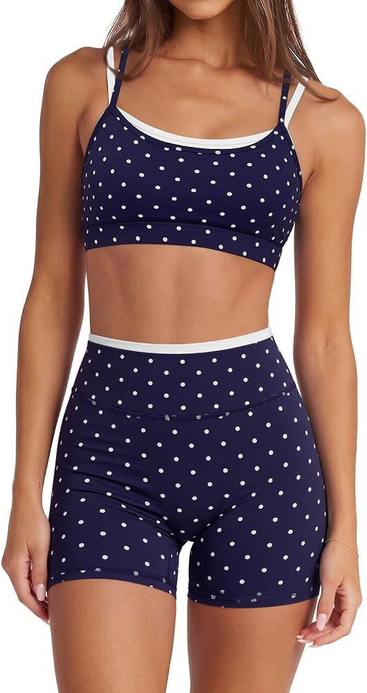 SUUKSESS 2 Piece Workout Sets Layered Sports Bra Yoga Gym Biker Shorts | Amazon (US)