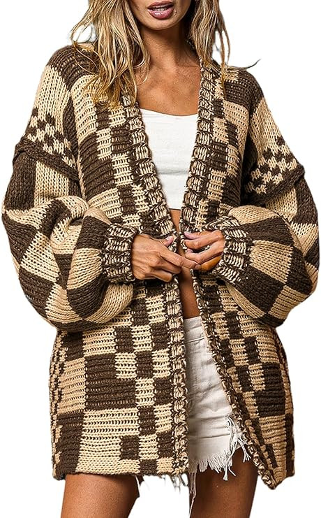 SELINK Women's Cardigan Sweater Vintage Open Front Mixed Checkered Pattern Chunky Knit Plaid Long... | Amazon (US)