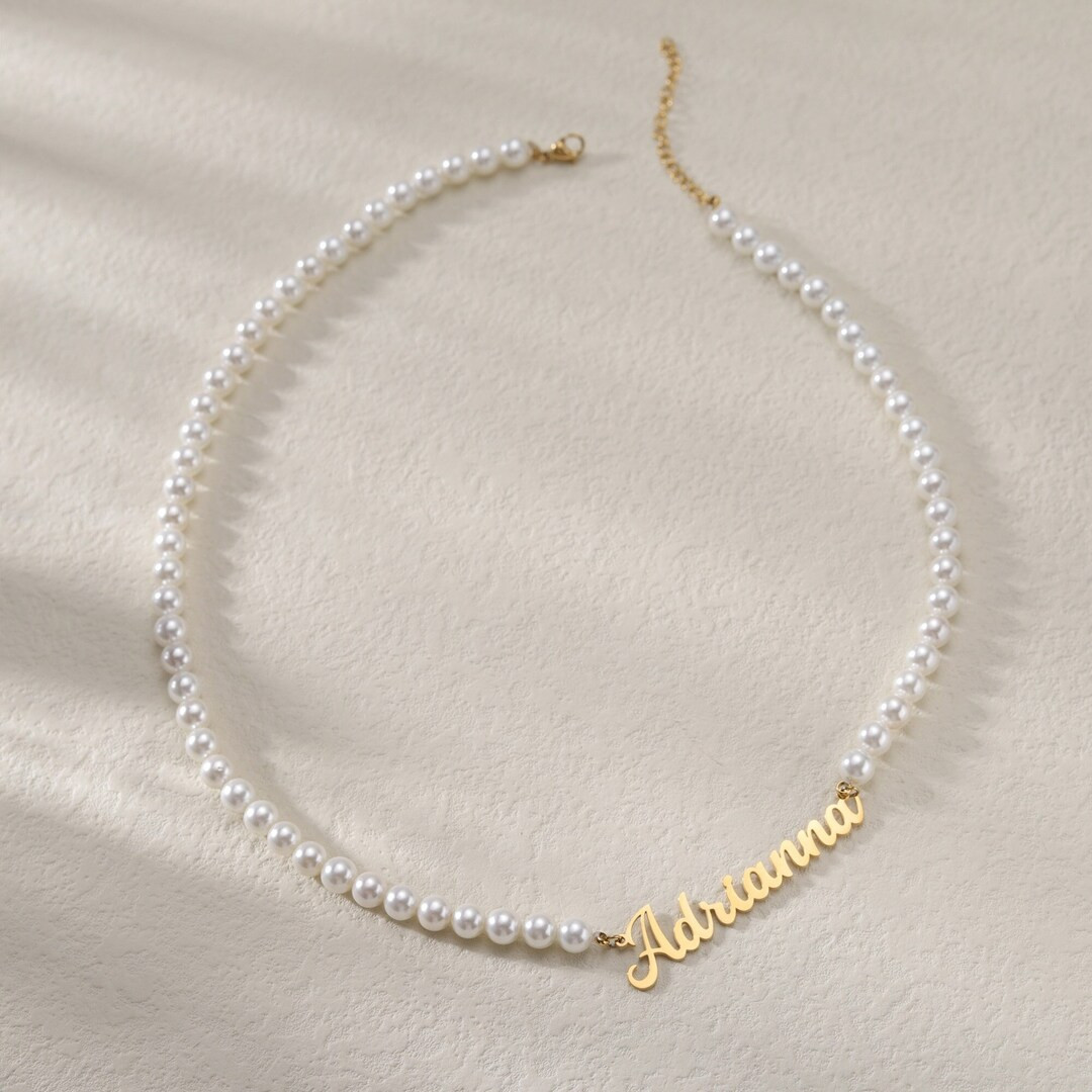 Off-center Freshwater Pearl Necklacecustom White Pearl Sideway Name Necklacehandmade Nameplate Pe... | Etsy (US)