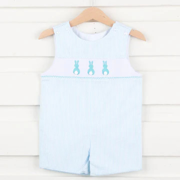 Bunny Smocked Jon Jon Turquoise Striped Seersucker | Classic Whimsy