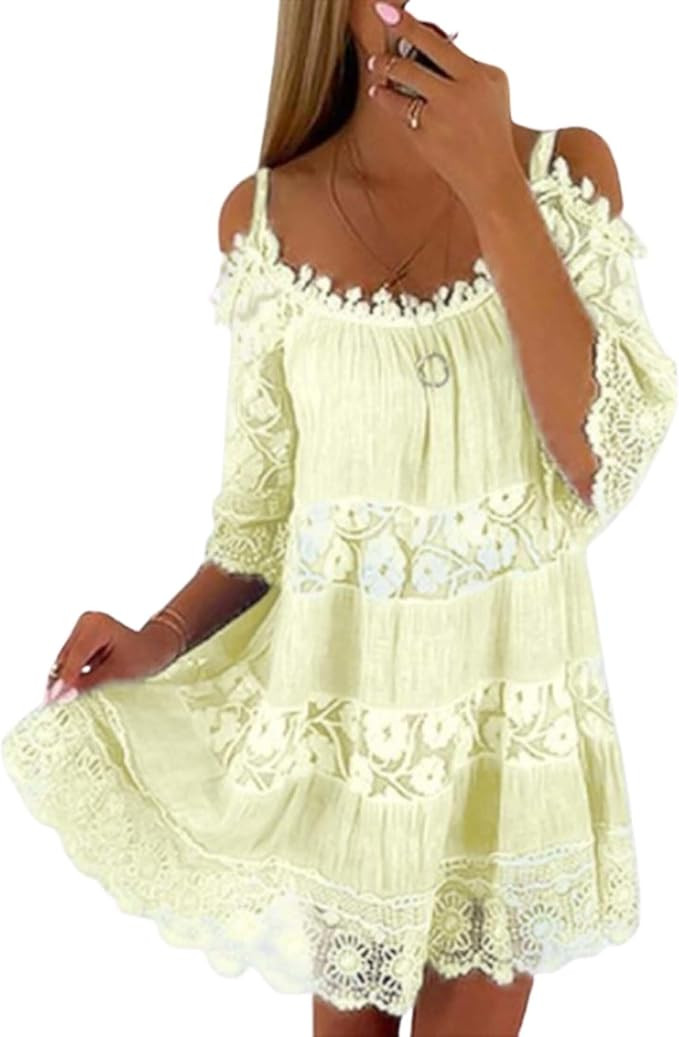 LIZALIG Women's Babydoll Cold Shoulder Dress - Summer Lace Floral Short Sleeve Tiered Flowy Mini ... | Amazon (US)