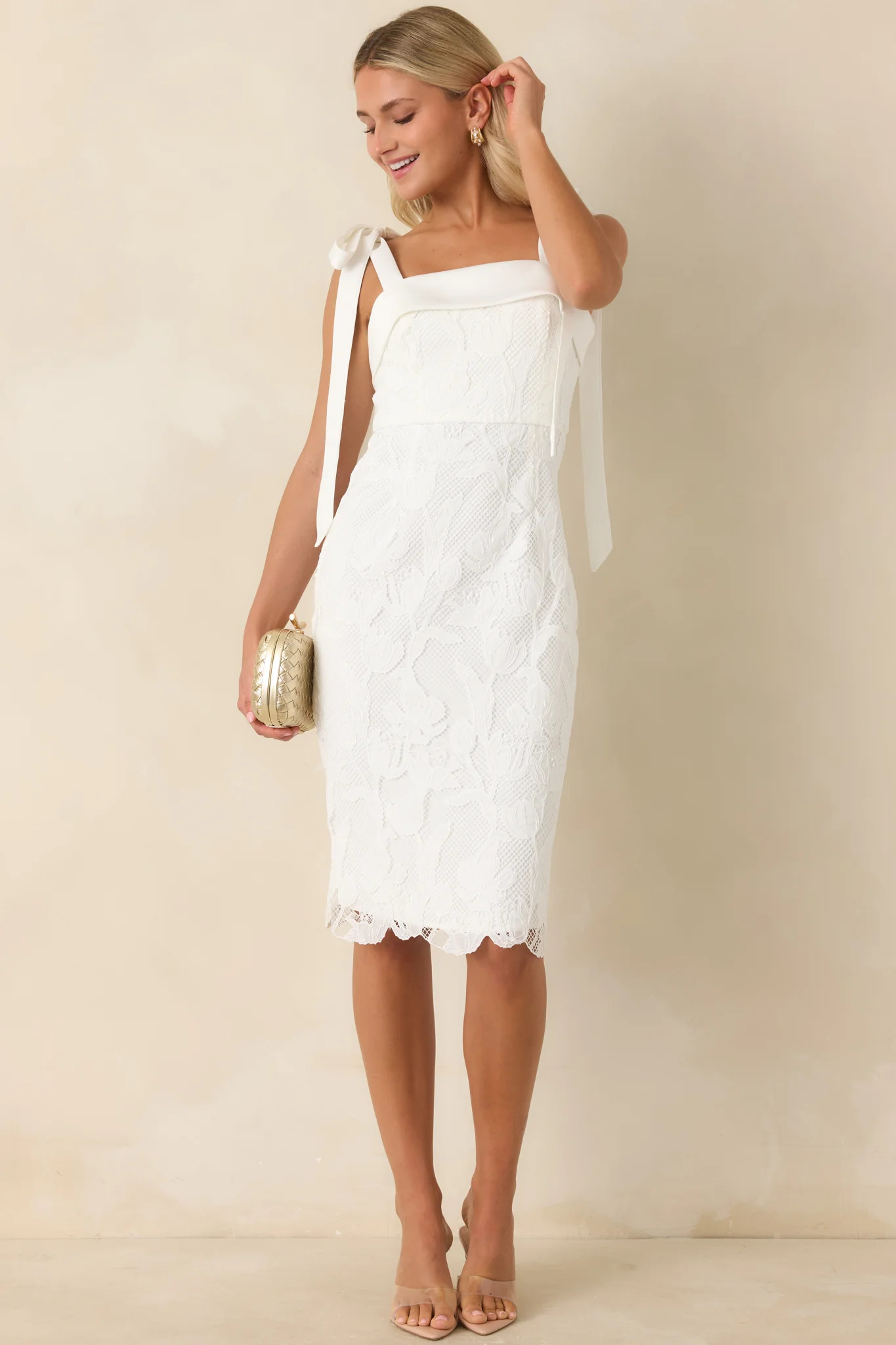 Feels Like Fate Ivory Lace Tie Strap Midi Dress | Red Dress