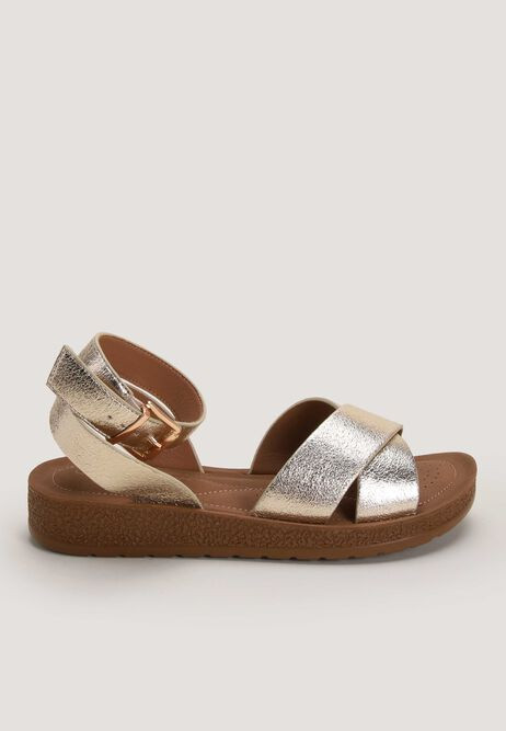 Womens Gold Cross Strap Wedge Sandals | Peacocks