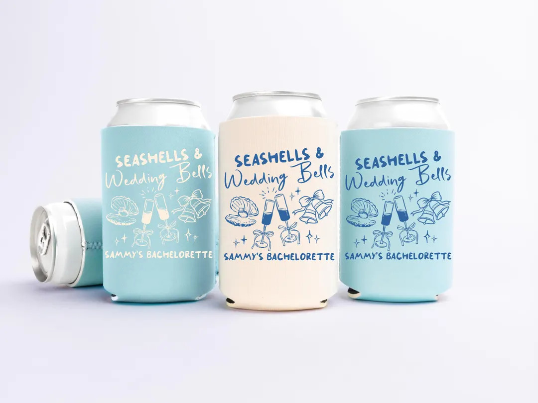 Seashells and Wedding Bells Can Coolers, Personalized Bachelorette Can Sleeves, Custom Beach Coas... | Etsy (US)