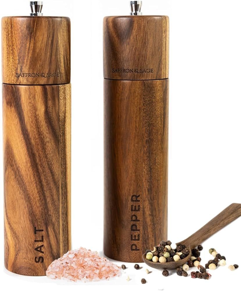 Saffron & Sage Premium Acacia Wood Salt and Pepper Grinder Set of 2-8” Tall Salt and Peppercorn... | Amazon (US)