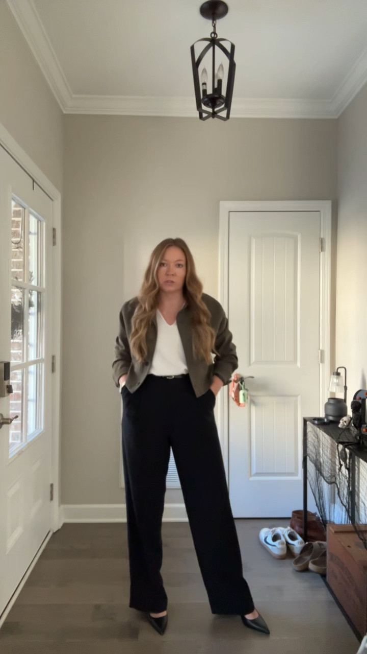 Cropped jacket / tts 
White sleeveless top / linked similar 
Black wide leg trousers / I sized up one 
Black sling back heels / tts
Skinny black belt 

#LTKStyleTip #LTKShoeCrush #LTKWorkwear