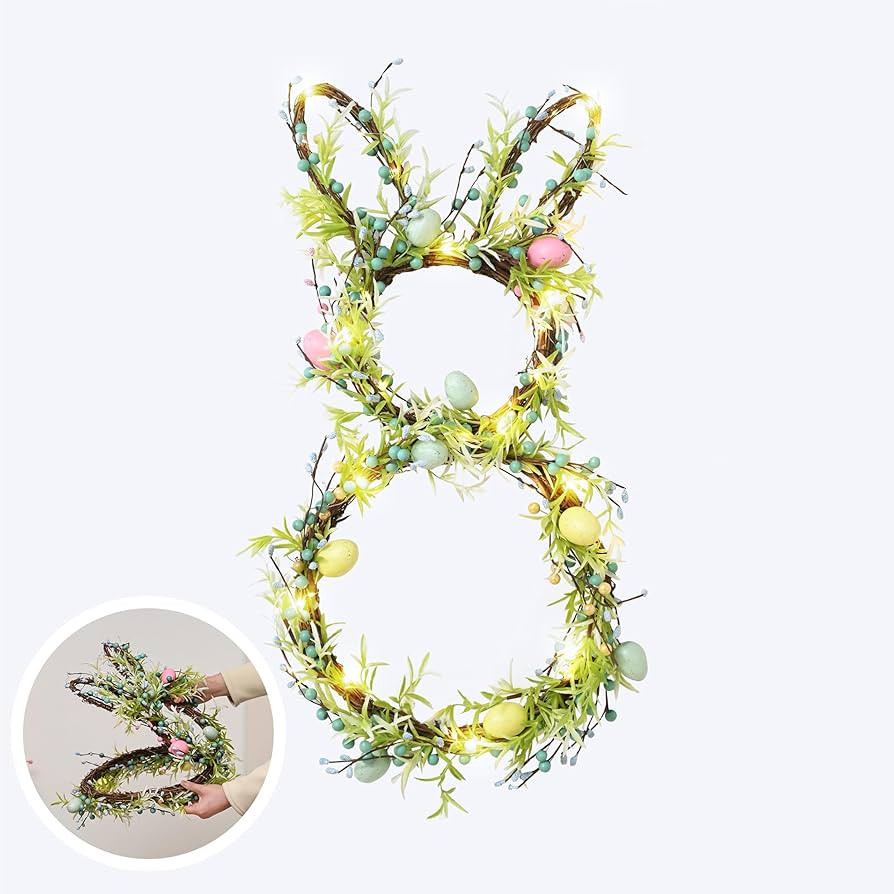 26Inch Easter Bunny Wreath for Front Door, Lighted Easter Wreath with Timer and 30 LED Warm Light... | Amazon (US)