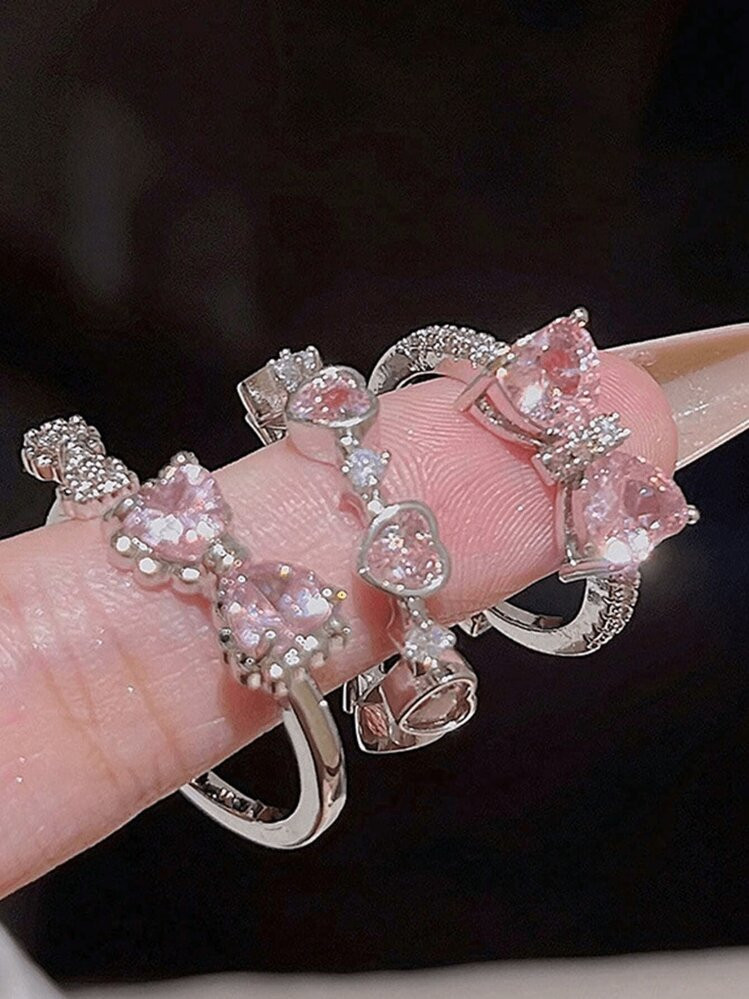 3-Piece Girls Fashion Y2K Style Butterfly, Heart And Rhinestone Decorative Ring Set - Perfect For Dates, Parties, Valentine's Day Gifts Or Daily Wear | SHEIN