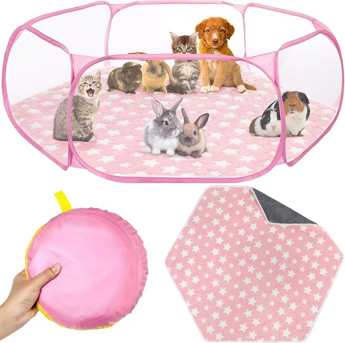 Guinea Pig Playpen with Mat Small Animal, Pink, Star | Waterproof Star Mat, Transparent Mesh for ... | Amazon (US)