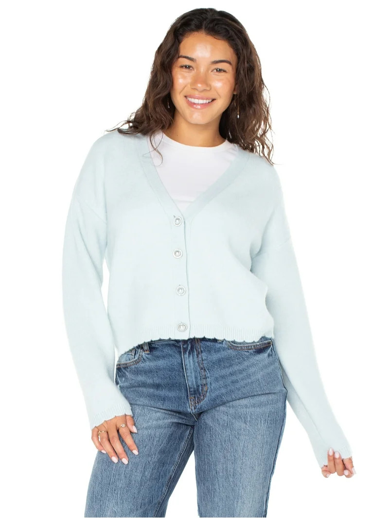 Celebrity Pink Women's Long Sleeve Scalloped Hem Jewel Button Cardigan Sweater, Sizes XS-XXXL | Walmart (US)