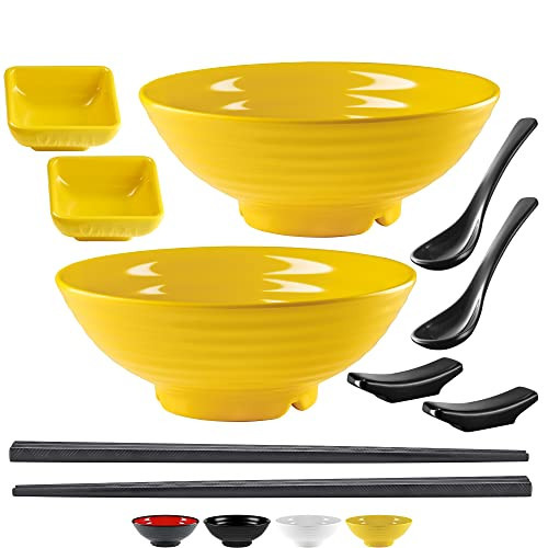 Unbreakable Ramen Bowl Set with Chopsticks and Spoon: 2 large Japanese Style Melamine Ramen Bowls, Dipping Bowls and Chopstick Stands for Asian Pho Soup Thai Miso Udon Wonton (2 Bowl Set, Yellow) | Amazon (US)