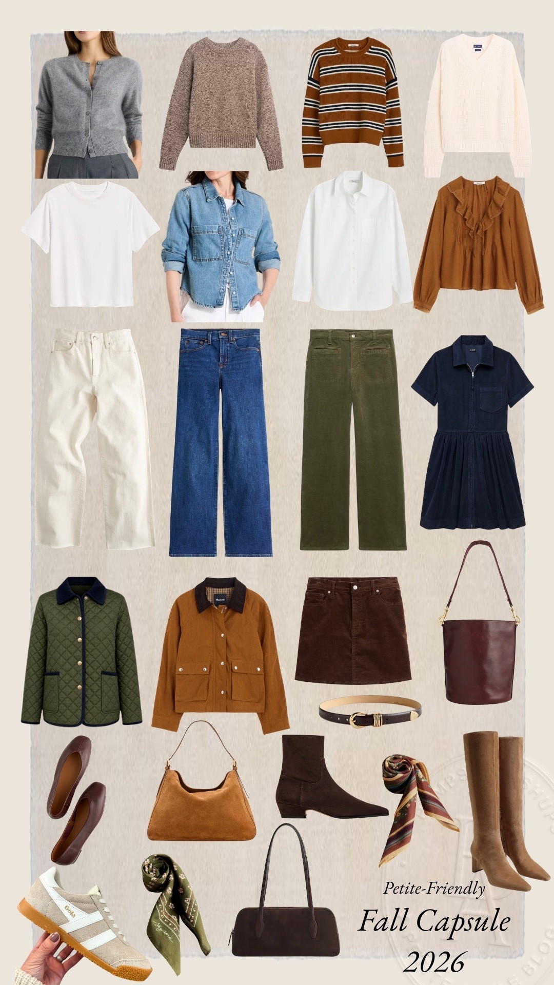 The fall 2026 casual capsule wardrobe! 

I filmed 40+ outfits with these pieces today. I can’t wait to share them with you. 

Gray Cardigan (Quince): xs 
Striped Sweater (Madewell): xs 
Brown Marled Sweater (Gap): petite xs 
White Sweater (Gap): petite xs 
White T-Shirt (Old Navy): petite xs 
Denim Top (Target): small (sized up) 
White Button Down (Quince): xs 
Orange Top (Madewell): xxs 
Ecru Jeans (Madewell): 24 / 10 7/8” rise / 27” inseam (they also come in petite with a 10 3/8” rise / 25” inseam) 
Dark Wash Jeans (J.Crew Factory): petite 24 / 10” rise / 28” inseam 
Corduroy Pants (BR Factory): petite 25 / 10” rise / 28” inseam 
Corduroy Dress (J.Crew): 00 (also comes in petite) 
Green Jacket (Ann Taylor): petite xxs 
Field Jacket (Madewell): xxs 
Corduroy Skirt (Gap Factory): 25 - sized up 

Included shoes are all true to size 

For size comparison, I’m 4’10” 105lbs. My measurements are 32”, 24”, 36”. I typically wear petite xxs/00/24 and have a 25” ankle inseam and a 27.5-28” full length inseam.

#LTKPetite