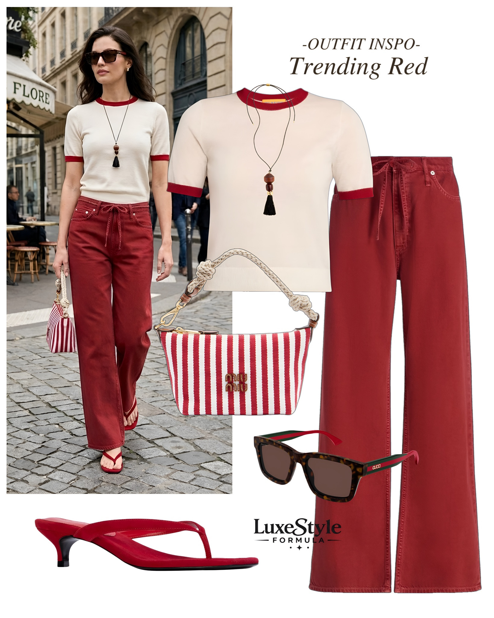 Red is the trending color taking over summer street style right now, and this Parisian-inspired look proves it works as a full monochrome moment. Cream-trimmed knit top, red drawstring trousers, a striped top-handle bag, and kitten heel sandals — it’s bold without trying too hard ❤️‍🔥 

trending red outfit, summer color outfit ideas, red monochrome look, Parisian street style outfit, red trousers outfit, old money color outfit, striped bag styling, elevated summer color, red kitten heels outfit, color blocking summer style, French girl style 2026, designer red outfit, quiet luxury color trend, statement color outfit, summer street style inspo, red and cream outfit, monochrome dressing ideas, trending fashion colors 2026, luxury summer outfit ideas, US UK fashion trends, luxestyleformula 

#LTKSeasonal #LTKootd #LTKTravel